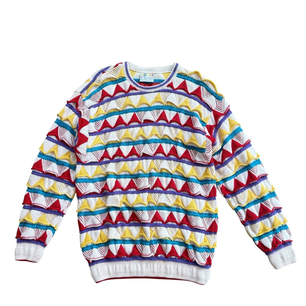 Coogi Australia Vintage 3D Knit‎ Sweater XL White Multi Color Geometric Cotton